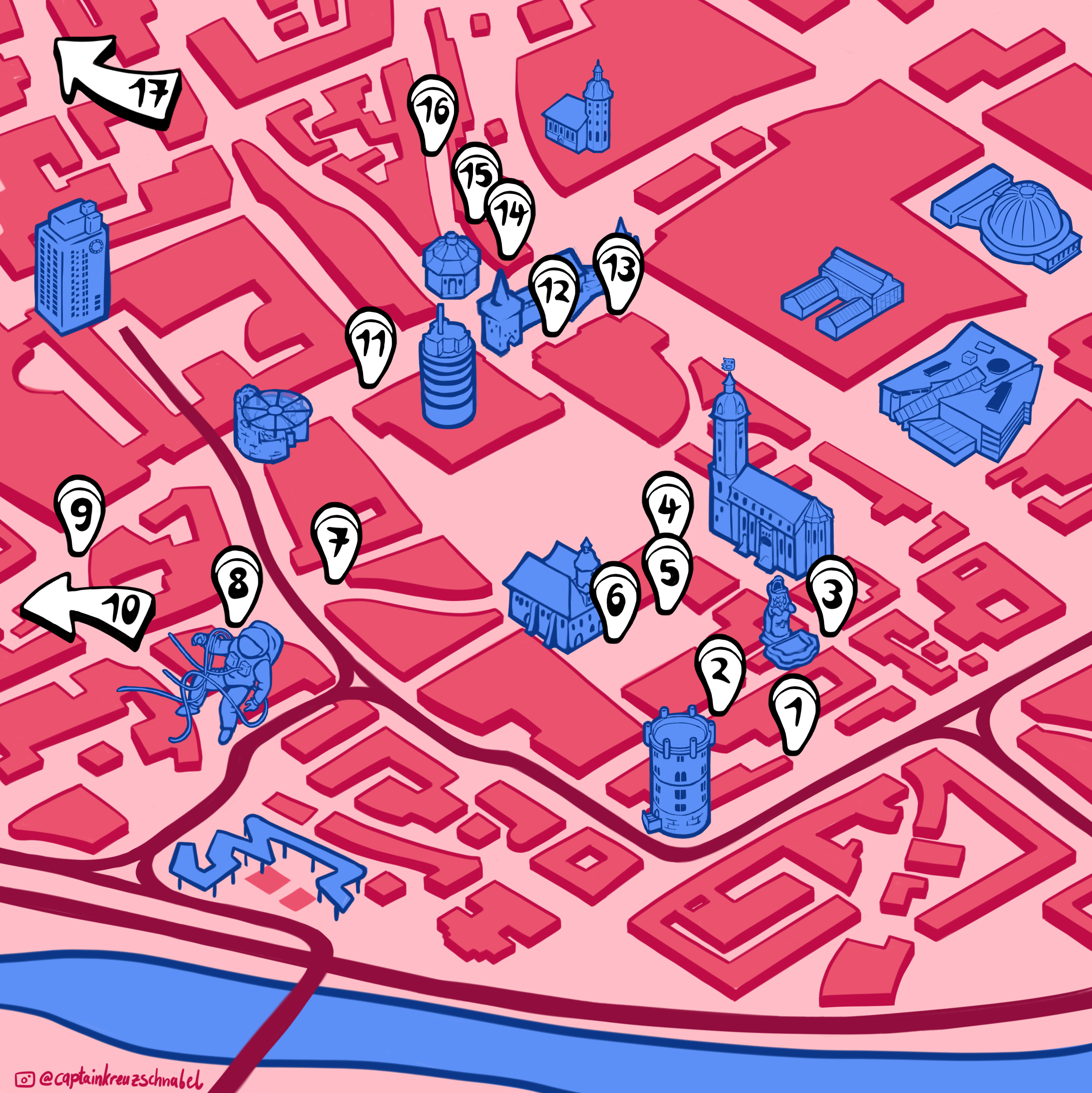 grafische Karte der Jenaer Innenstadt mit eingezeicheten Musik-Spots der Fête de la Musique 2024